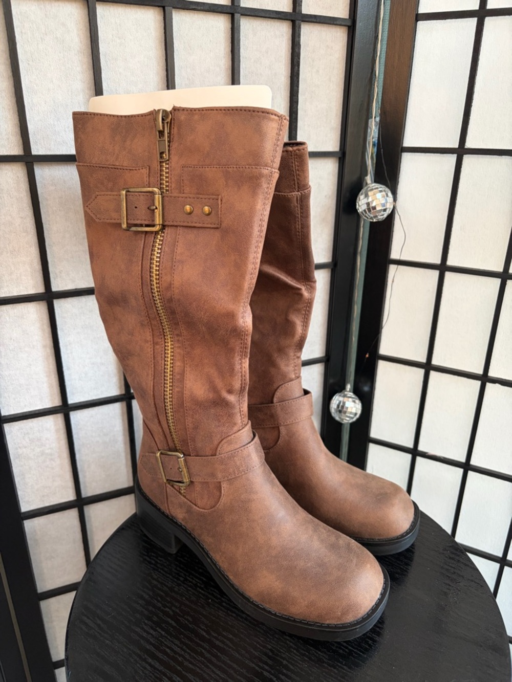 BAMBOO Tan Mid-Calf Buckle Zip Heeled Boots